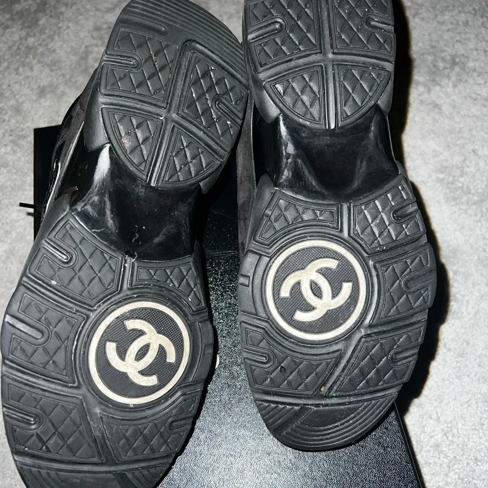 CHANEL Black Suede & Leather CC Logo Sneakers